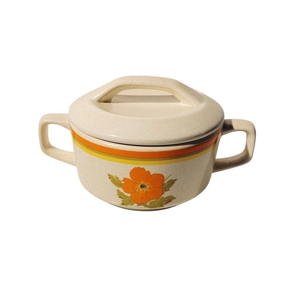 VTG Lenox Temperware "Fire Flower" Bowl with‎ Lid 70s MCM Dinnerware Sugar Bowl